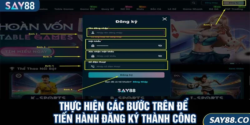 Đăng Ký SAY88 2 thực hiện các bước để tiến hành đăng ký tài khoản thành công